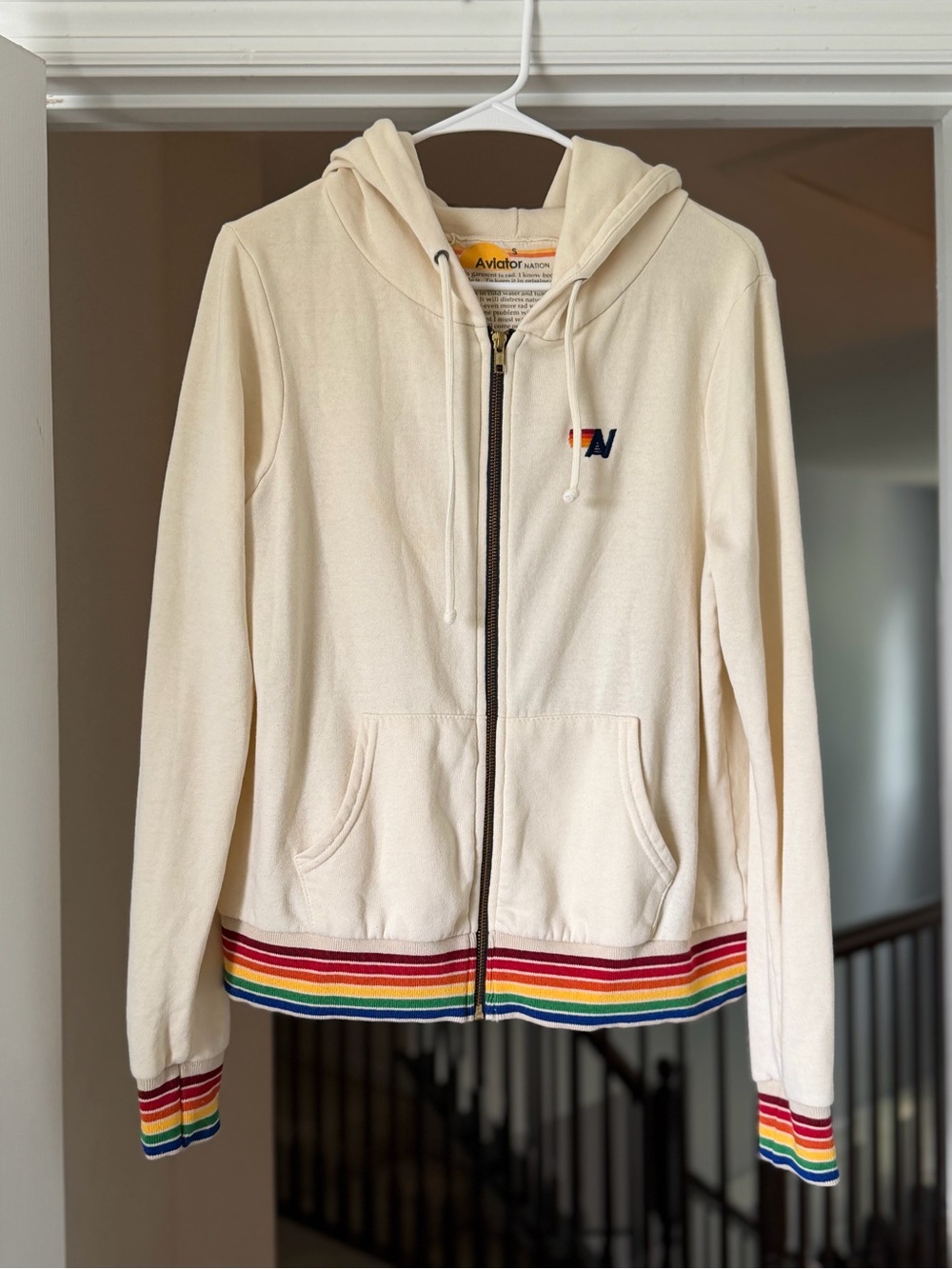 Aviator Nation Rainbow Stripe Full Zip Hoodie Cream Women’s Small